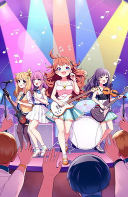 A vibrant illustration of a girl band consisting of six diverse members, each with unique hairstyles and outfits, playing lively on stage