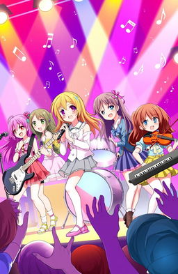 A vibrant illustration of a girl band consisting of six diverse members, each with unique hairstyles and outfits, playing lively on stage
