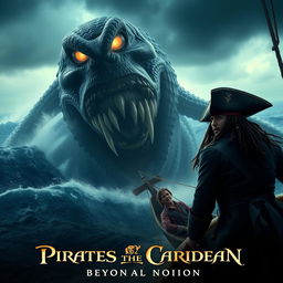 A thrilling scene from 'Pirates of the Caribbean 6: Beyond The Horizon', featuring Jenna Ortega and Johnny Depp as they confront a colossal, terrifying sea monster
