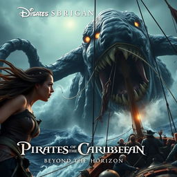 A thrilling scene from 'Pirates of the Caribbean 6: Beyond The Horizon', featuring Jenna Ortega and Johnny Depp as they confront a colossal, terrifying sea monster