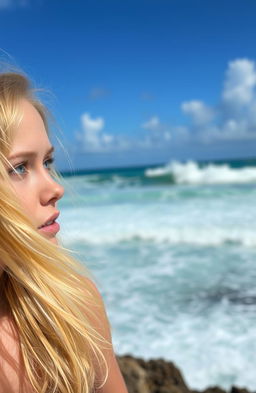 A blonde girl with blue eyes in the foreground, looking to the right past the viewer