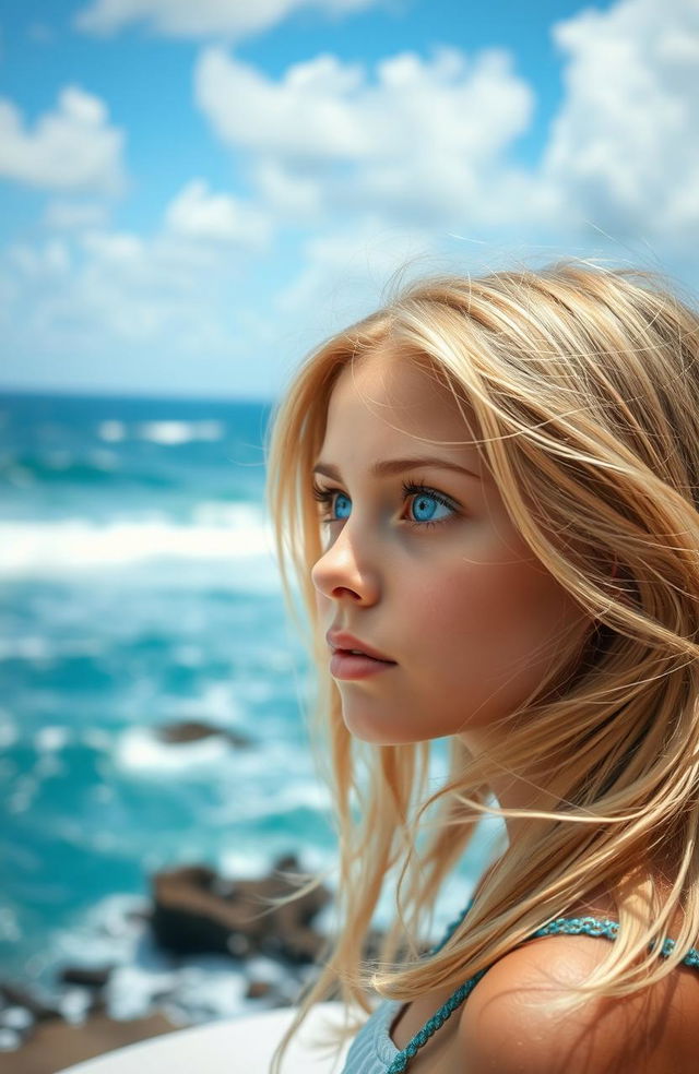 A blonde girl with blue eyes in the foreground, looking to the right past the viewer