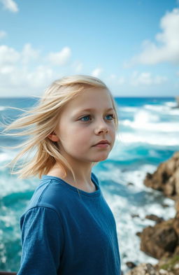 A blonde girl with blue eyes in the foreground, looking to the right past the viewer