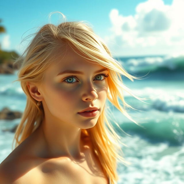 A 20-year-old blonde girl with blue eyes is in the foreground, looking to the right past the viewer with an expectant expression