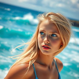 A 20-year-old blonde girl with blue eyes is in the foreground, looking to the right past the viewer with an expectant expression