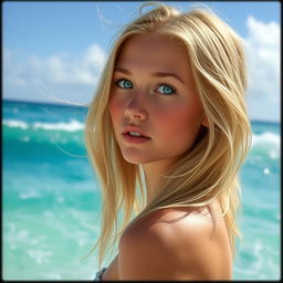 A 20-year-old blonde girl with blue eyes is in the foreground, looking to the right past the viewer with an expectant expression