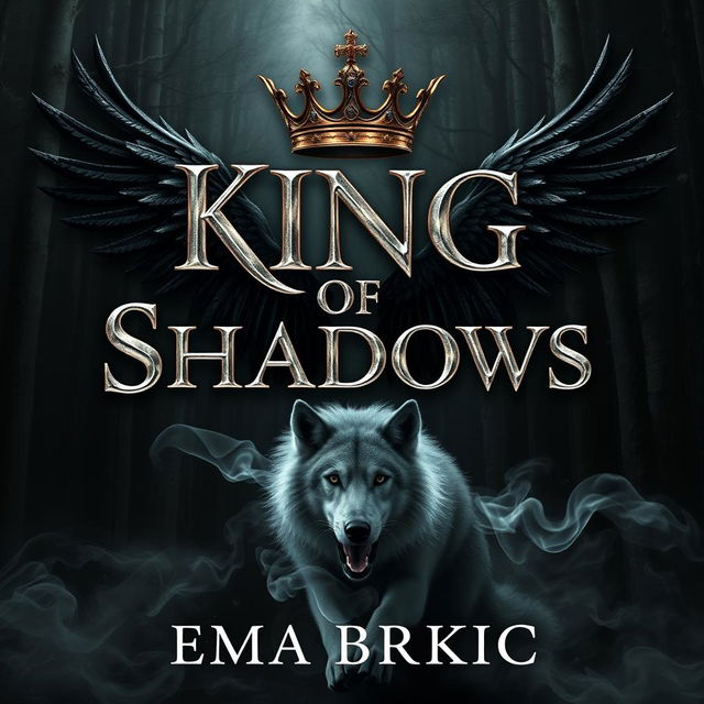 A stunning book cover for 'King of Shadows', featuring the title prominently displayed in shining metallic letters that glimmer against a dark forest background