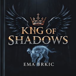 A stunning book cover for 'King of Shadows', featuring the title prominently displayed in shining metallic letters that glimmer against a dark forest background