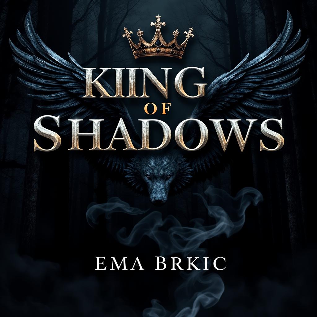 A stunning book cover for 'King of Shadows', featuring the title prominently displayed in shining metallic letters that glimmer against a dark forest background