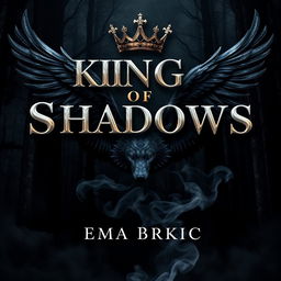 A stunning book cover for 'King of Shadows', featuring the title prominently displayed in shining metallic letters that glimmer against a dark forest background