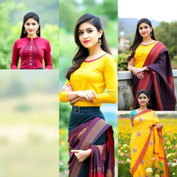 A stylish and elegant woman wearing a variety of fashionable outfits in different outdoor settings