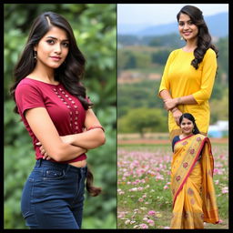A stylish and elegant woman wearing a variety of fashionable outfits in different outdoor settings