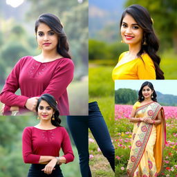 A stylish and elegant woman wearing a variety of fashionable outfits in different outdoor settings