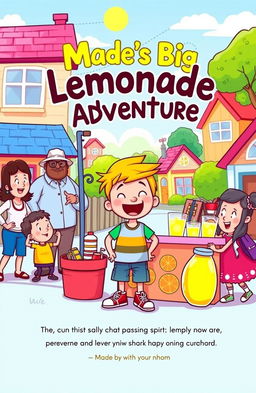 A vibrant and playful illustration for a children's book titled 'Made's Big Lemonade Adventure'