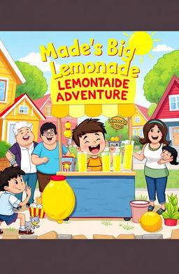 A vibrant and playful illustration for a children's book titled 'Made's Big Lemonade Adventure'