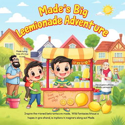 A whimsical children's book illustration for 'Made's Big Lemonade Adventure'