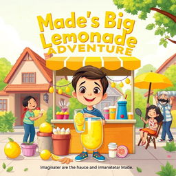 A whimsical children's book illustration for 'Made's Big Lemonade Adventure'