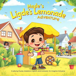 A whimsical children's book illustration for 'Made's Big Lemonade Adventure'