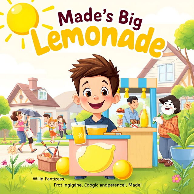 A whimsical children's book illustration for 'Made's Big Lemonade Adventure'