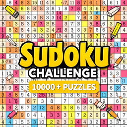 A vibrant and engaging Sudoku Challenge book cover featuring the title "Sudoku Challenge: 1000+ Puzzles" in bold, eye-catching lettering