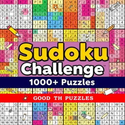 A vibrant and engaging Sudoku Challenge book cover featuring the title "Sudoku Challenge: 1000+ Puzzles" in bold, eye-catching lettering