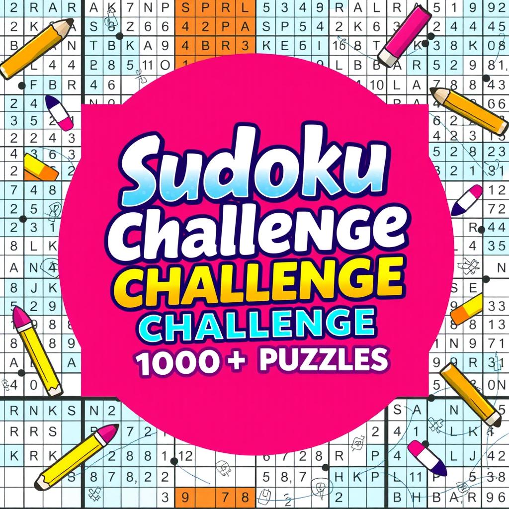 A vibrant and engaging Sudoku Challenge book cover featuring the title "Sudoku Challenge: 1000+ Puzzles" in bold, eye-catching lettering