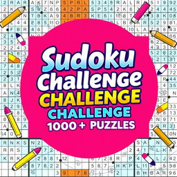 A vibrant and engaging Sudoku Challenge book cover featuring the title "Sudoku Challenge: 1000+ Puzzles" in bold, eye-catching lettering