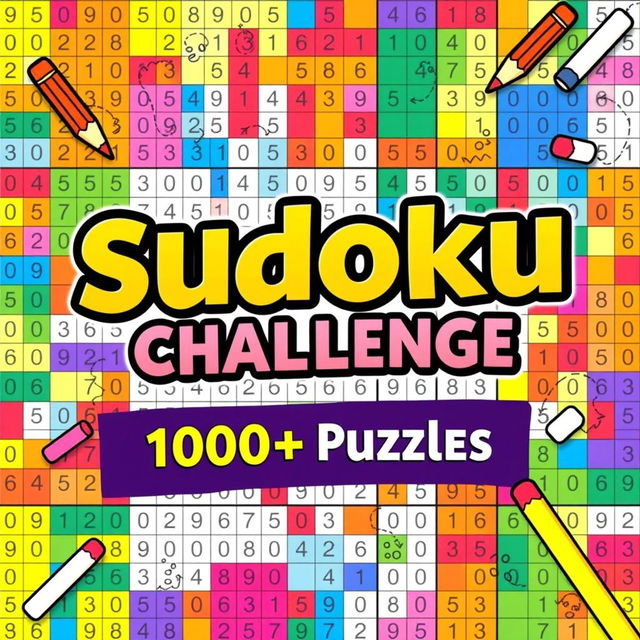 A vibrant and engaging Sudoku Challenge book cover featuring the title "Sudoku Challenge: 1000+ Puzzles" in bold, eye-catching lettering