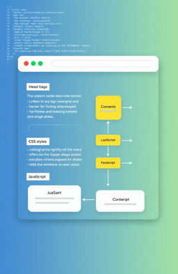 A visually appealing graphic representing the structure of a website, showcasing elements such as HTML tags, CSS styles, and JavaScript interactivity