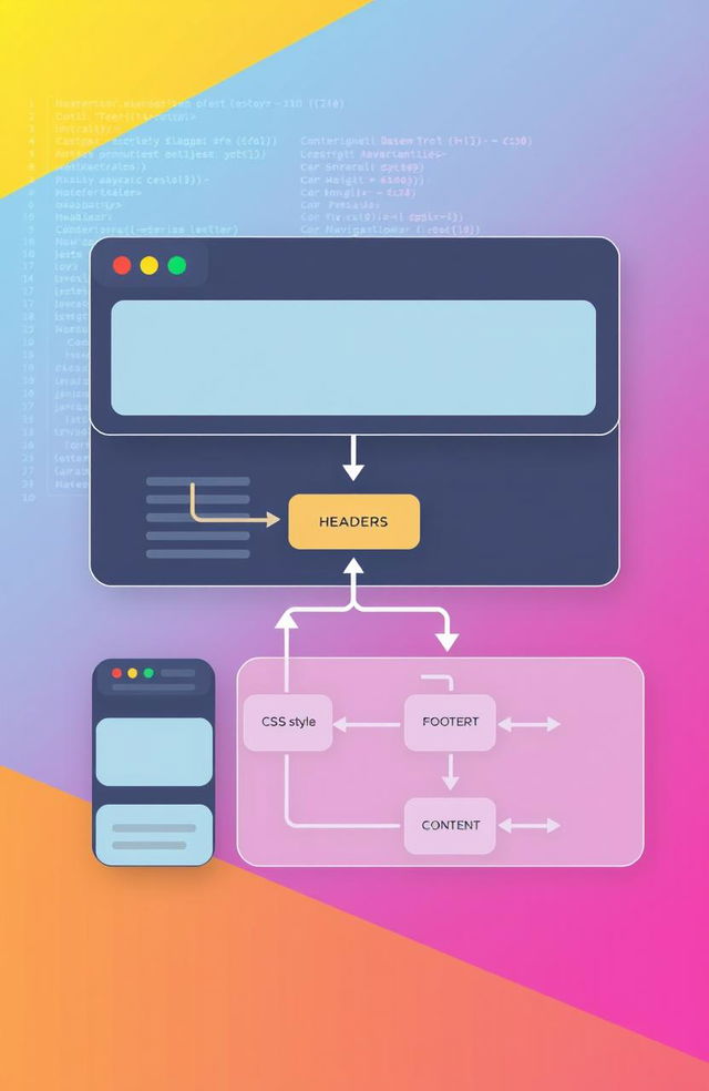 A visually appealing graphic representing the structure of a website, showcasing elements such as HTML tags, CSS styles, and JavaScript interactivity