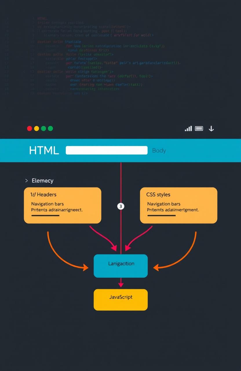 A visually appealing graphic representing the structure of a website, showcasing elements such as HTML tags, CSS styles, and JavaScript interactivity