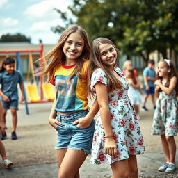 A humorous scene depicting a playful school environment where a confident teenage girl is playfully giving a wedgie to her friend in a lighthearted manner
