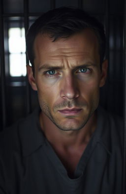 A close-up portrait of a man in a jail cell, looking directly at the camera with a serious expression