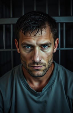 A close-up portrait of a man in a jail cell, looking directly at the camera with a serious expression