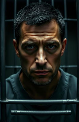 A close-up portrait of a man in a jail cell, looking directly at the camera with a serious expression