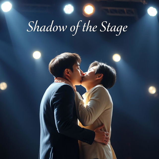 An intimate scene featuring two Korean men kissing passionately on stage, illuminated by bright spotlights that shine directly on them, creating a halo effect around their figures