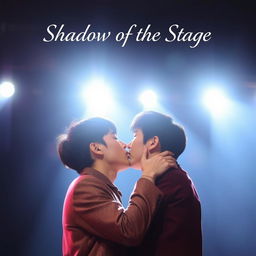 An intimate scene featuring two Korean men kissing passionately on stage, illuminated by bright spotlights that shine directly on them, creating a halo effect around their figures