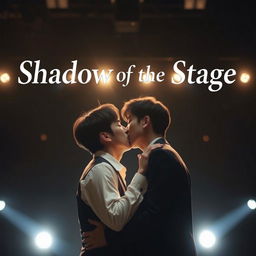 An intimate scene featuring two Korean men kissing passionately on stage, illuminated by bright spotlights that shine directly on them, creating a halo effect around their figures