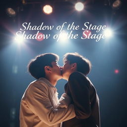 An intimate scene featuring two Korean men kissing passionately on stage, illuminated by bright spotlights that shine directly on them, creating a halo effect around their figures