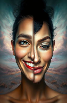 A surreal artistic representation of a double-faced figure that merges two different human faces into one, showcasing contrasting facial expressions - one side portrays joy with a bright smile and vibrant eyes, while the other side represents sadness with a solemn expression and teardrops