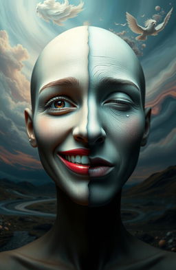 A surreal artistic representation of a double-faced figure that merges two different human faces into one, showcasing contrasting facial expressions - one side portrays joy with a bright smile and vibrant eyes, while the other side represents sadness with a solemn expression and teardrops