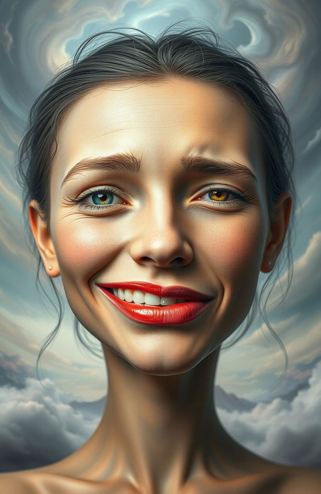 A surreal artistic representation of a double-faced figure that merges two different human faces into one, showcasing contrasting facial expressions - one side portrays joy with a bright smile and vibrant eyes, while the other side represents sadness with a solemn expression and teardrops