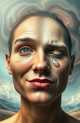 A surreal artistic representation of a double-faced figure that merges two different human faces into one, showcasing contrasting facial expressions - one side portrays joy with a bright smile and vibrant eyes, while the other side represents sadness with a solemn expression and teardrops