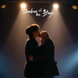 An enchanting scene featuring two Korean men kissing tenderly on stage, bathed in bright spotlights that shine directly on them, accentuating their intimate moment