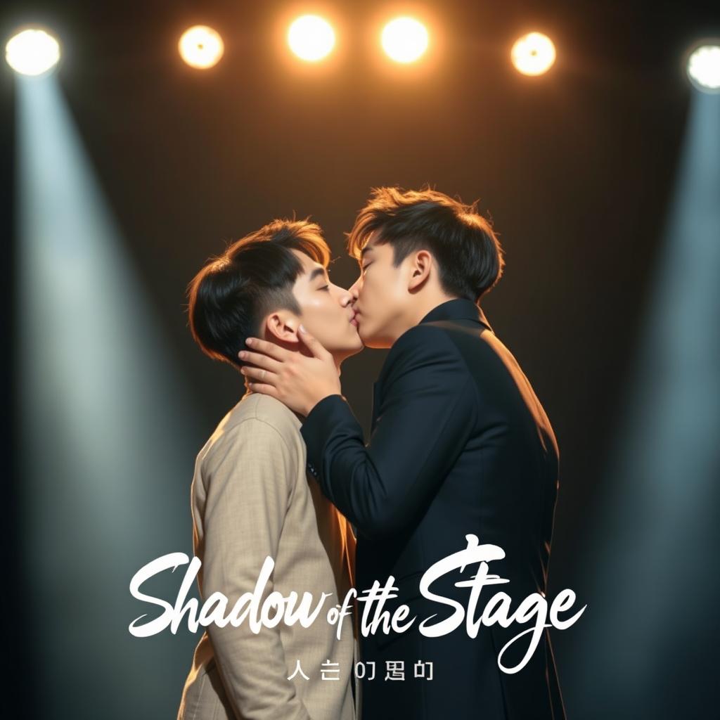 An enchanting scene featuring two Korean men kissing tenderly on stage, bathed in bright spotlights that shine directly on them, accentuating their intimate moment