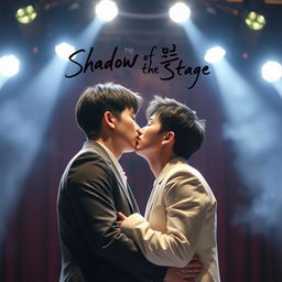 An enchanting scene featuring two Korean men kissing tenderly on stage, bathed in bright spotlights that shine directly on them, accentuating their intimate moment