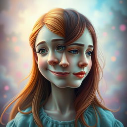 A surreal artistic portrayal of a girl with a double face, where one side features a cheerful expression with sparkling eyes and a beaming smile, while the other side shows a contemplative and somber expression with downturned lips and reflective expression