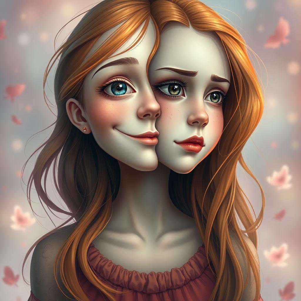 A surreal artistic portrayal of a girl with a double face, where one side features a cheerful expression with sparkling eyes and a beaming smile, while the other side shows a contemplative and somber expression with downturned lips and reflective expression