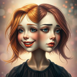 A surreal artistic portrayal of a girl with a double face, where one side features a cheerful expression with sparkling eyes and a beaming smile, while the other side shows a contemplative and somber expression with downturned lips and reflective expression