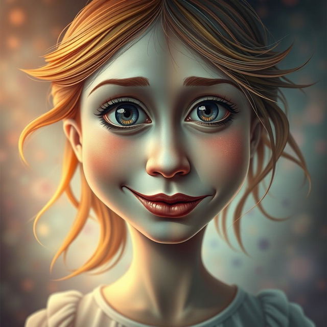 A surreal artistic portrayal of a girl with a double face, where one side features a cheerful expression with sparkling eyes and a beaming smile, while the other side shows a contemplative and somber expression with downturned lips and reflective expression